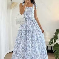 Floral Print Maxi Dress – Blue & White Spaghetti Strap Dress
