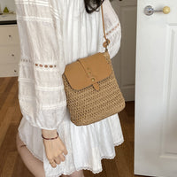 Woven Straw Mini Square Bag – Flap Closure Handbag with Polyester Lining for Summer Style