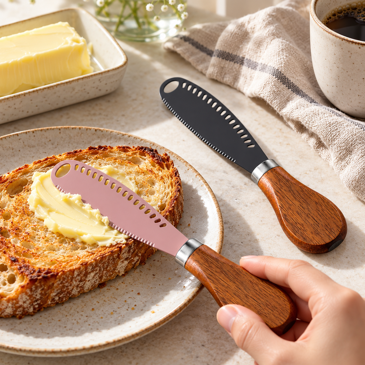 Stainless Steel Butter Knife – Serrated Cheese Spreader with Acacia Wood Handle