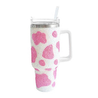 40oz Rhinestone Cow Print Insulated Stainless Steel Tumbler With Handle Large Capacity Travel Drink Mug