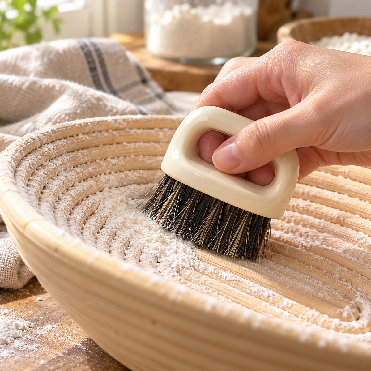 Mini Round Boar Bristle Brush, Bread Basket Cleaning Brush
