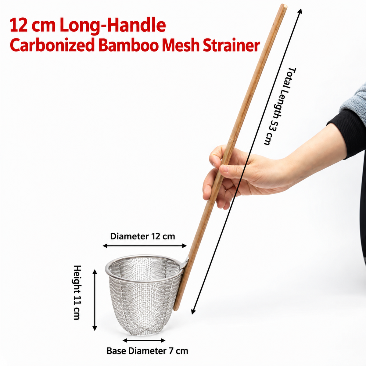 Long Handle Bamboo Mesh Skimmer, Stainless Steel Kitchen Strainer