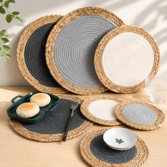 Handwoven Seagrass & Cotton Rope Trivet, Round Heat Resistant Pot Holder, Table Mat & Coaster