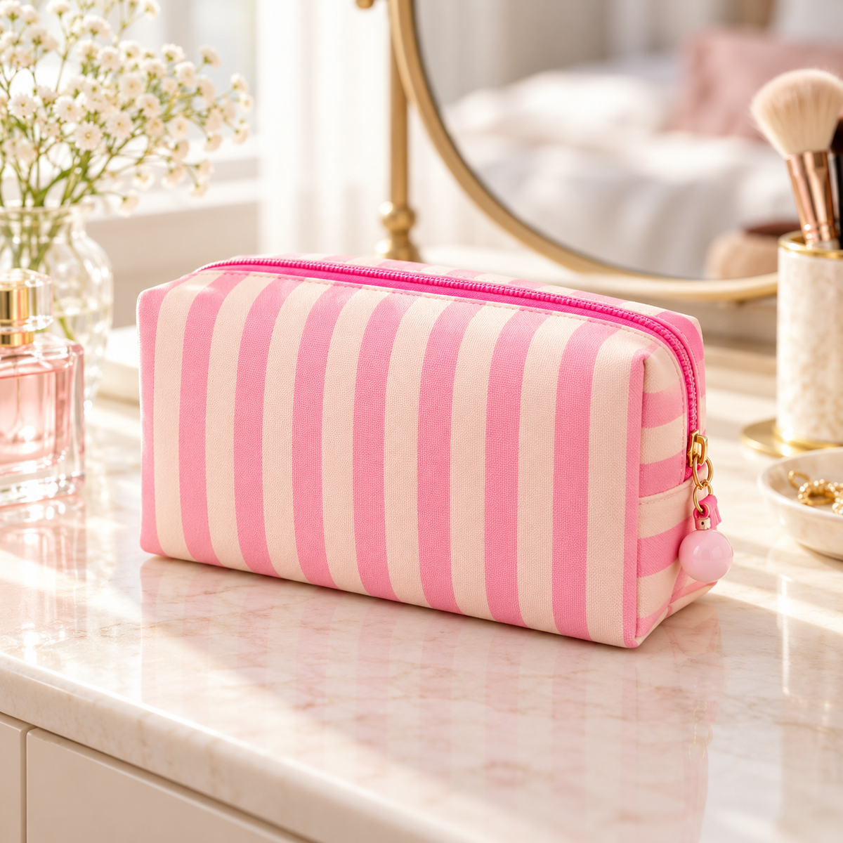 Striped Canvas Makeup Bag with Zipper and Pom Pom Pull