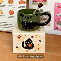 Cute Black Cat Ceramic Mug – 380ml Coffee Cup with Cat Tail Handle, Spoon and Gift Box in Four Colors