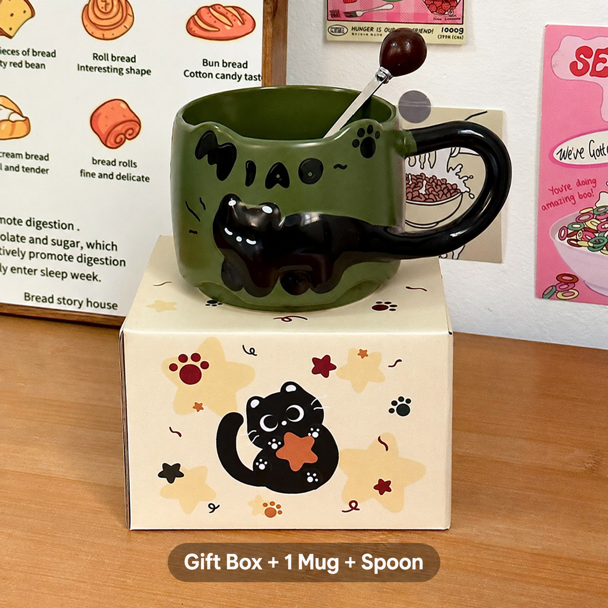 Cute Black Cat Ceramic Mug – 380ml Coffee Cup with Cat Tail Handle, Spoon and Gift Box in Four Colors