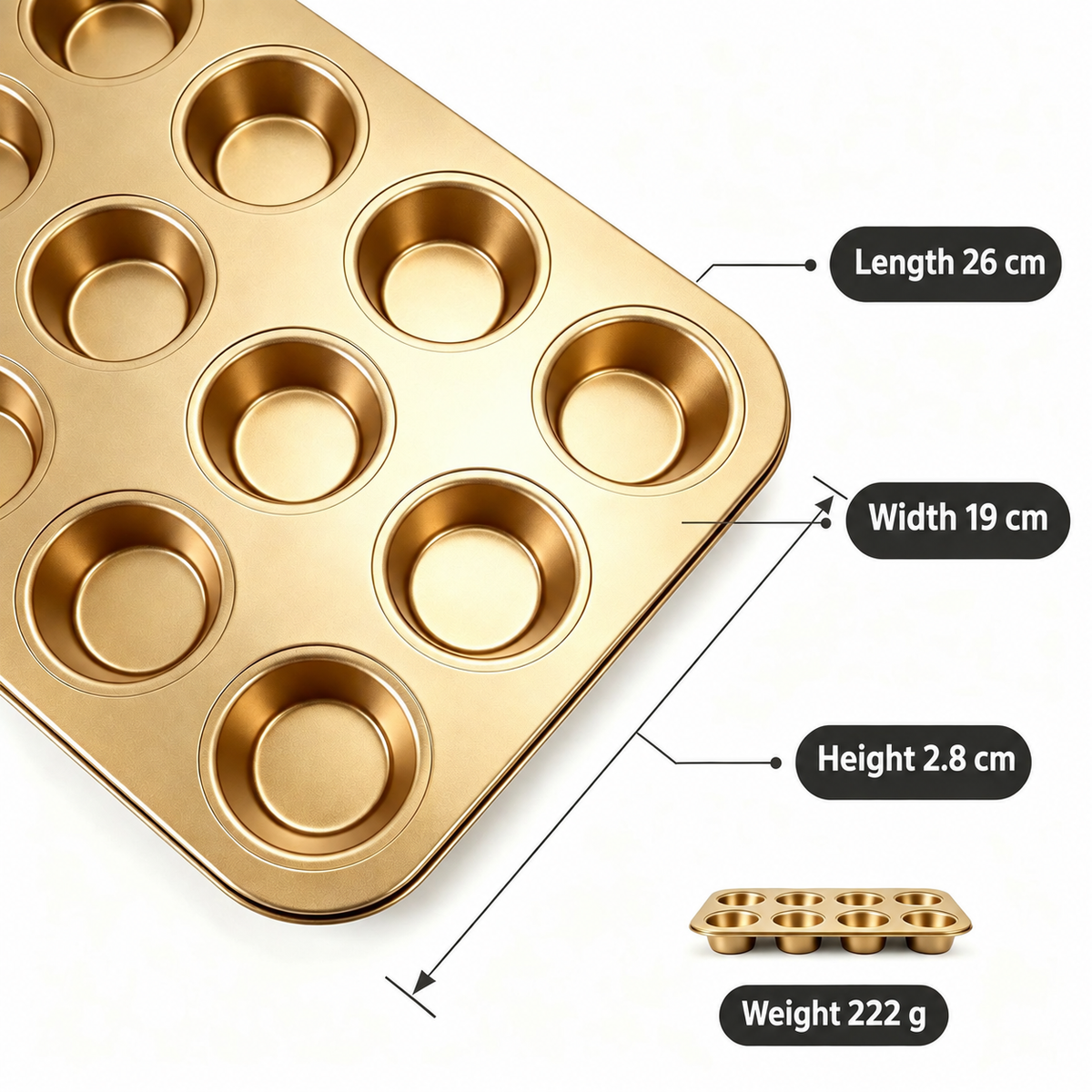 12-Cup Metal Muffin Pan, Mini Cupcake Baking Tray, Gold or Black