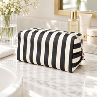 Striped Canvas Makeup Bag with Zipper and Pom Pom Pull