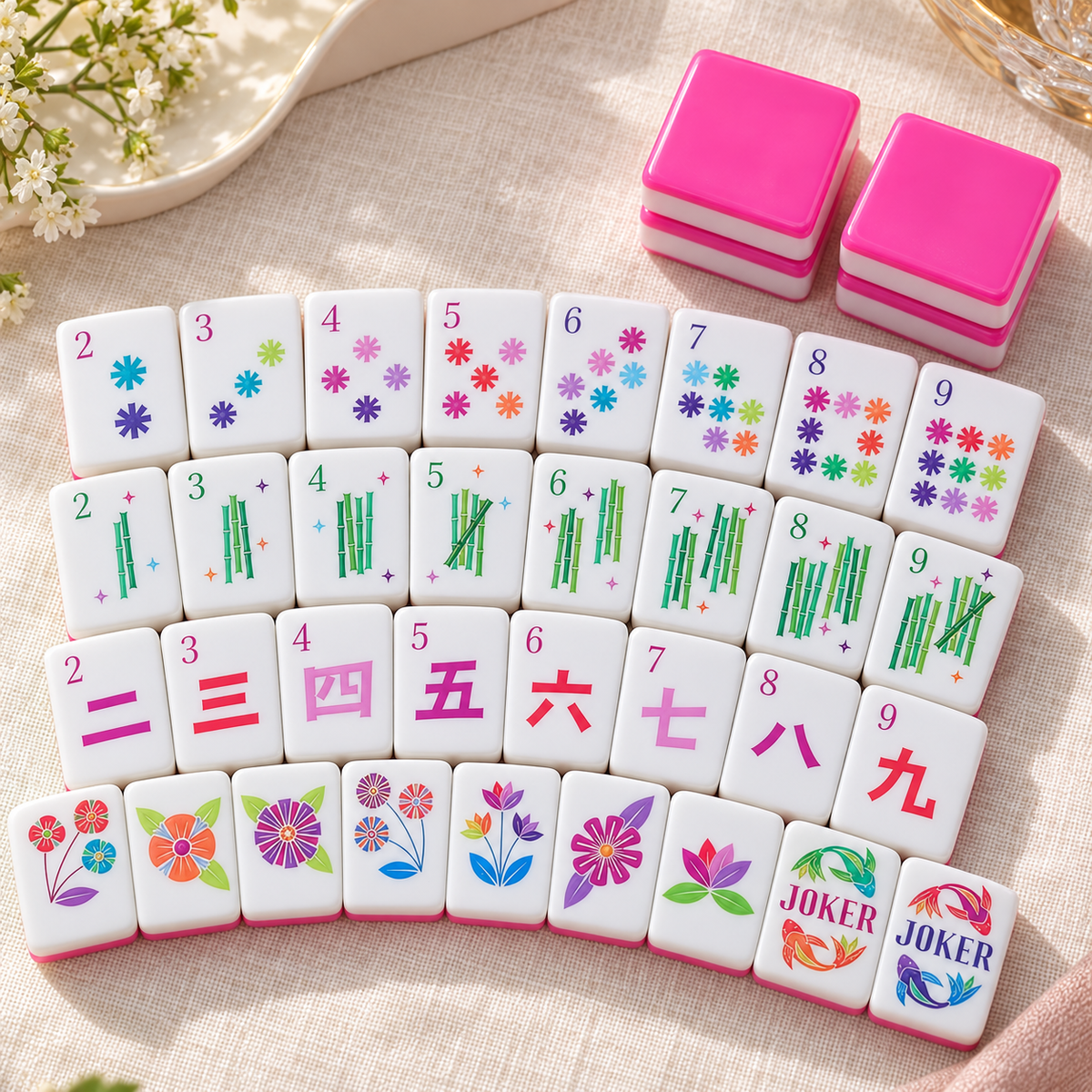 Pink American Mahjong Tiles with Colorful Floral, Bamboo and Joker Designs