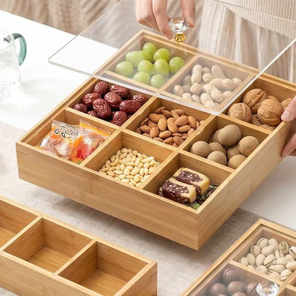 Bamboo Snack Box with Lid Compartment Storage Tray