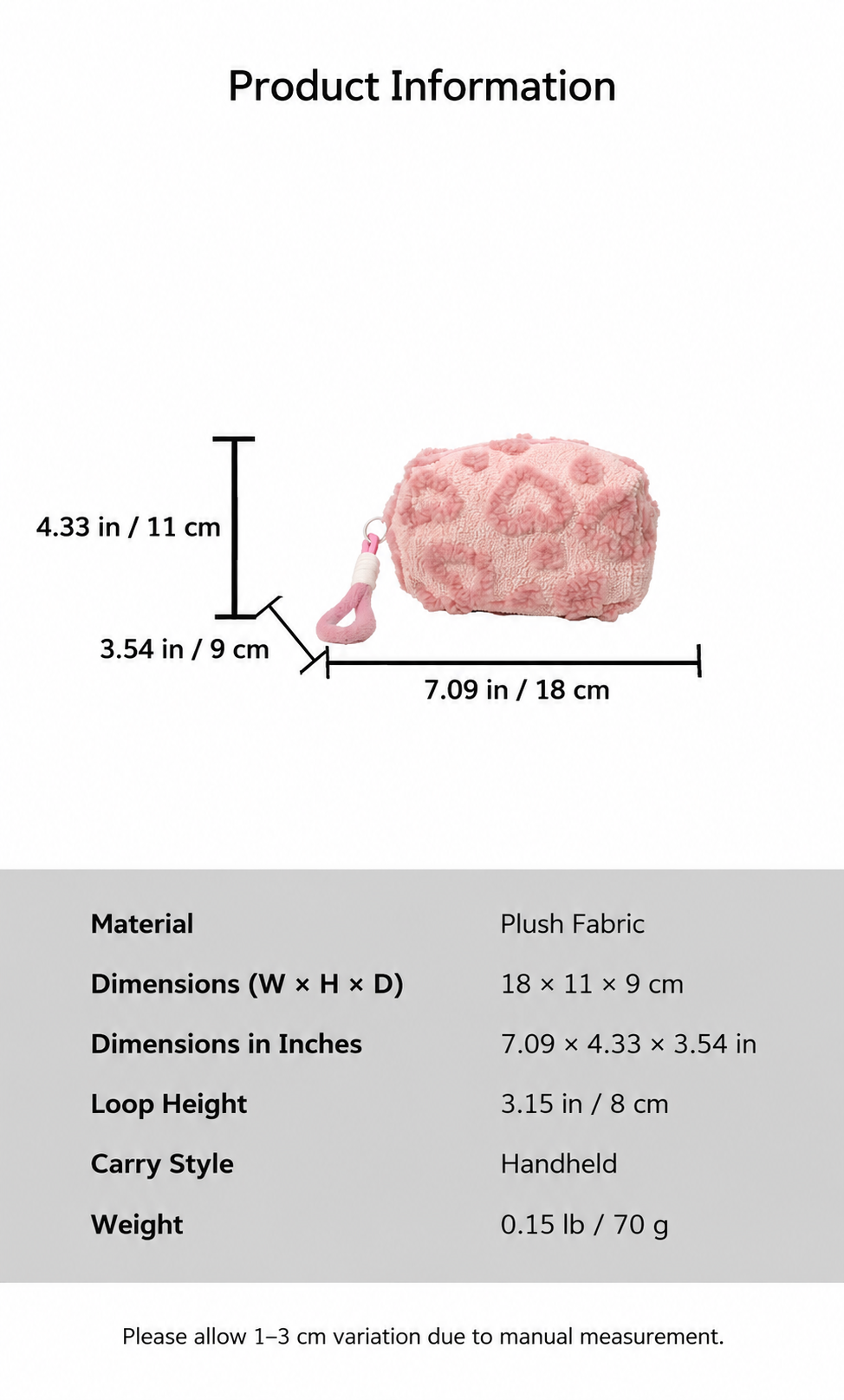 Plush Heart Cosmetic Bag with Wrist Strap and Zipper Closure