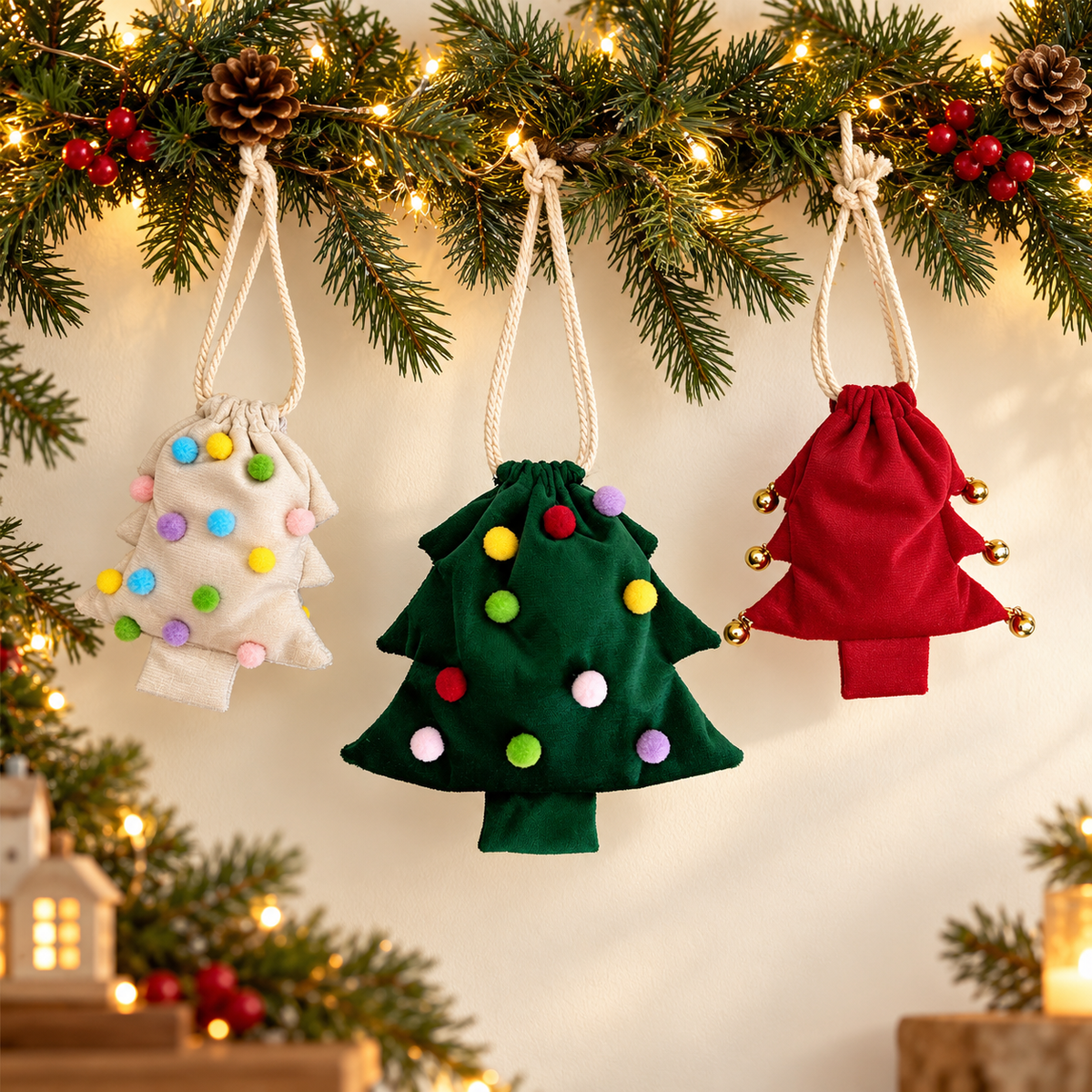 Christmas Tree Drawstring Gift Bag Colorful Pom Pom Holiday Candy Packaging Pouch