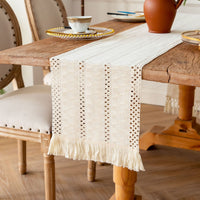 Boho Tassel Table Runner, Cotton Linen Crochet Woven Table Decor for Parties and Home Styling