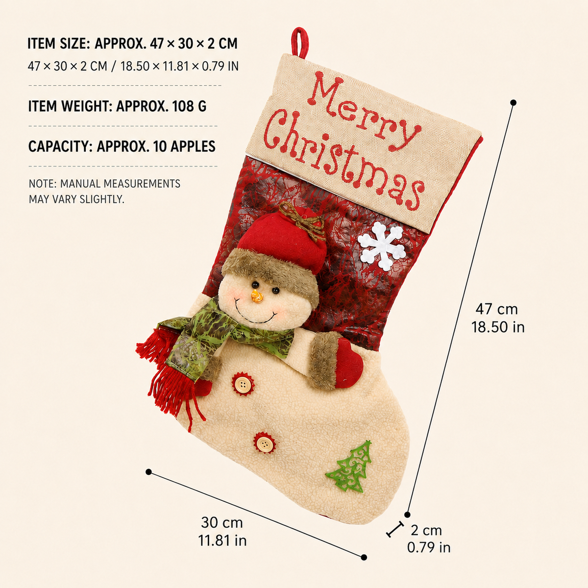 Christmas Stocking with 3D Character – Large 47 cm Polyester Fabric Holiday Stocking with Santa, Snowman or Reindeer for Fireplace, Staircase & Christmas Decor