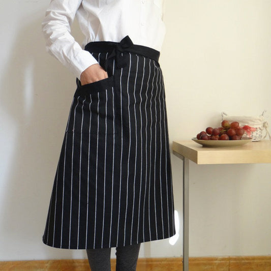 Woven Cotton Stripe Apron, Comfortable Long-Sleeve Half-Body Kitchen Apron