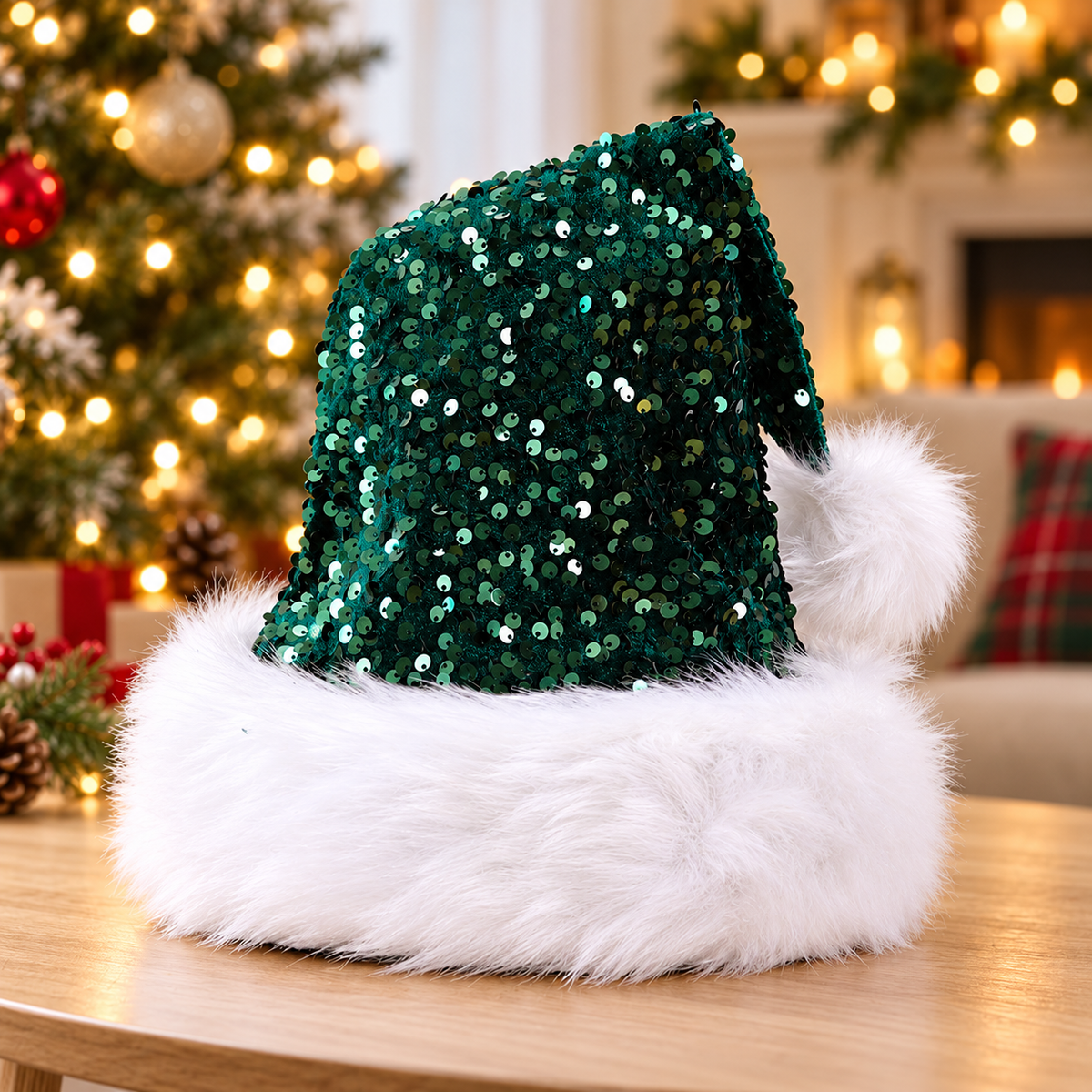 Sequin Santa Hat with White Fluffy Trim for Christmas Parties