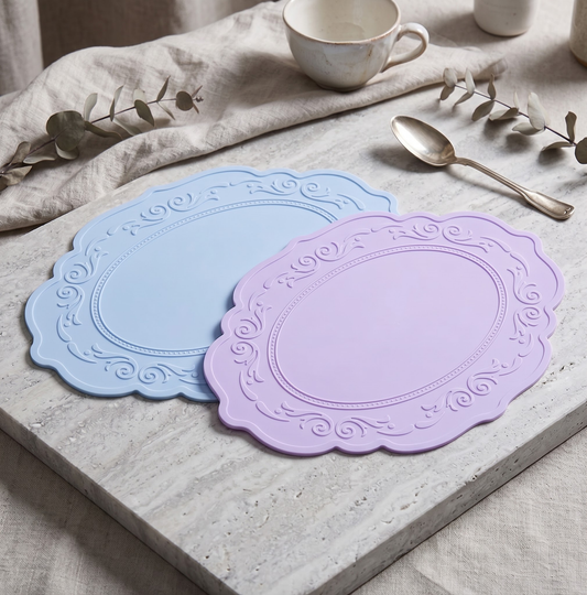 Oval Vintage Embossed Silicone Placemat Scalloped Edge Heat Resistant Non Slip Dining Table Mat Decorative Table Protector