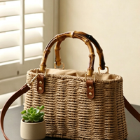 Minimalist Woven Straw Mini Square Bag – Medium Size Handbag with Stitching Detail