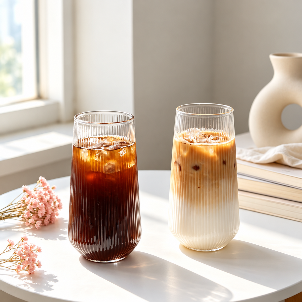 High Borosilicate Ribbed Glass Drinking Cup Tall Iced Coffee Juice Tumbler
