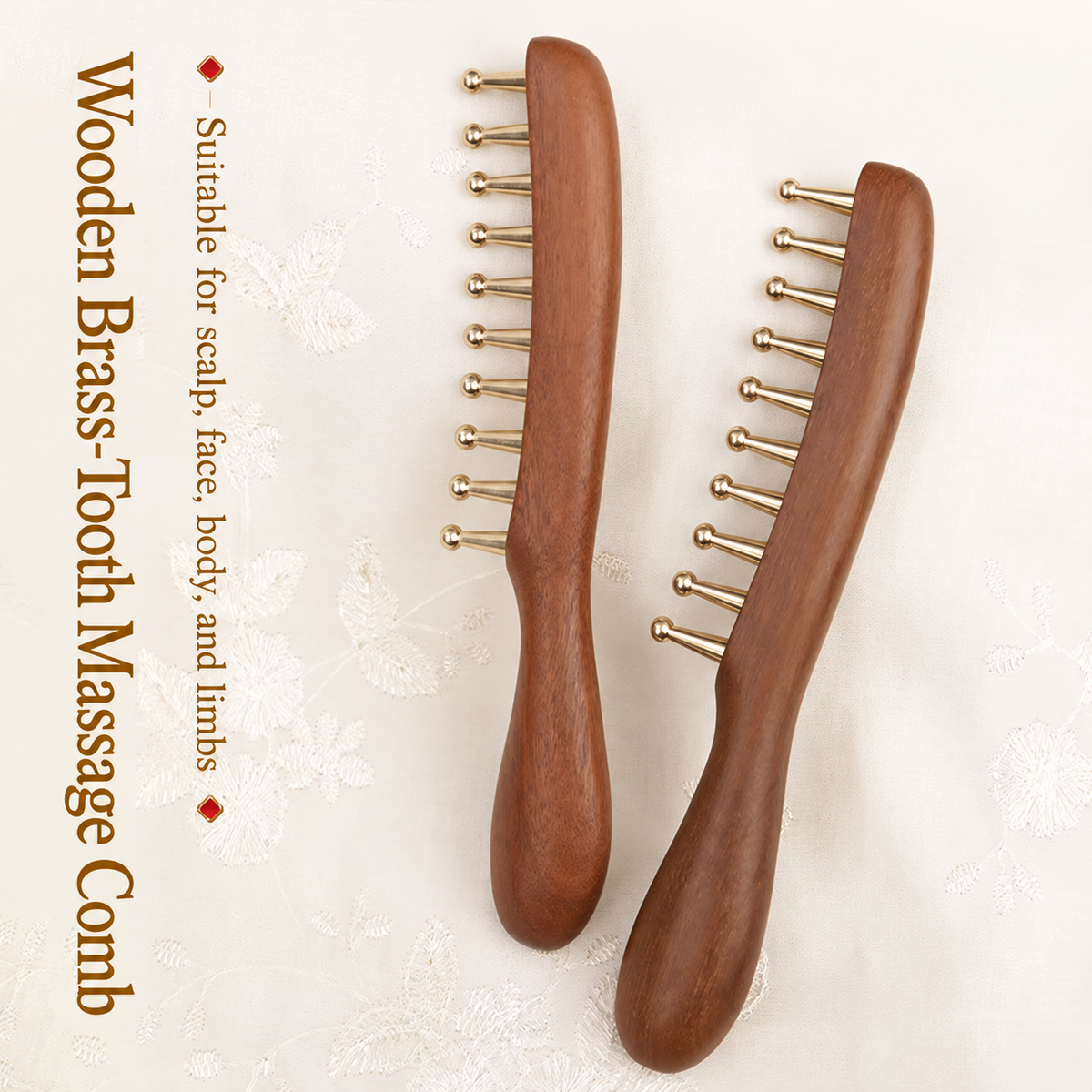 Wooden Scalp Massage Comb with Brass Teeth Rounded Metal Tooth Hair Brush