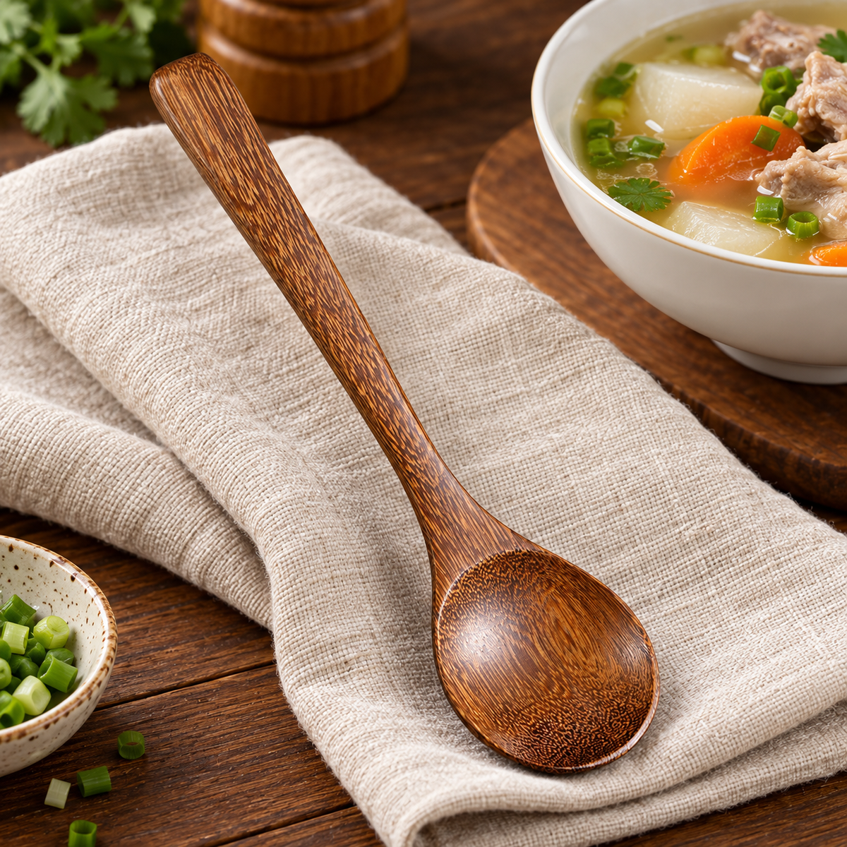 Round Bowl Wooden Soup Spoon for Porridge and Desserts