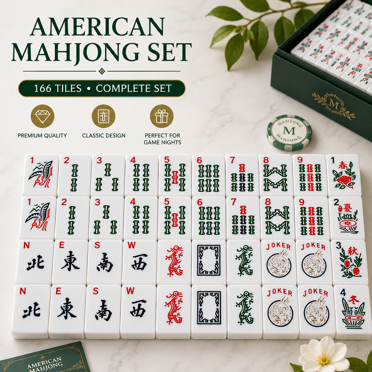 American Mahjong Set, Premium Melamine Tiles for Tabletop Gaming