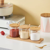 Bamboo Glass Spice Jars Set – Natural Kitchen Storage Containers with Wooden Lids & Spoons
