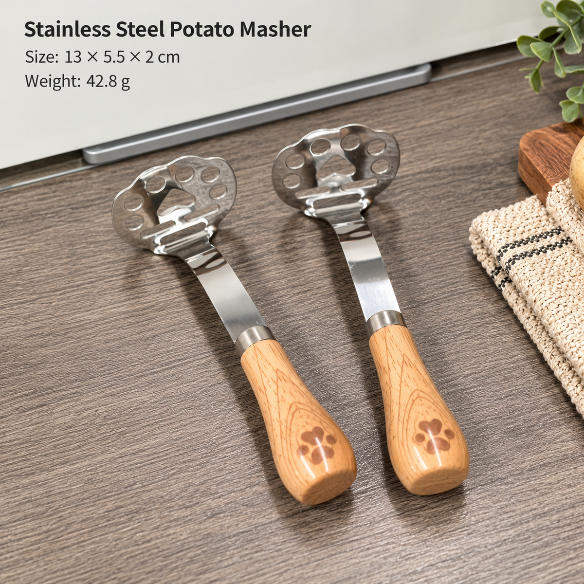 Stainless Steel Paw Print Potato Masher with Wooden Handle