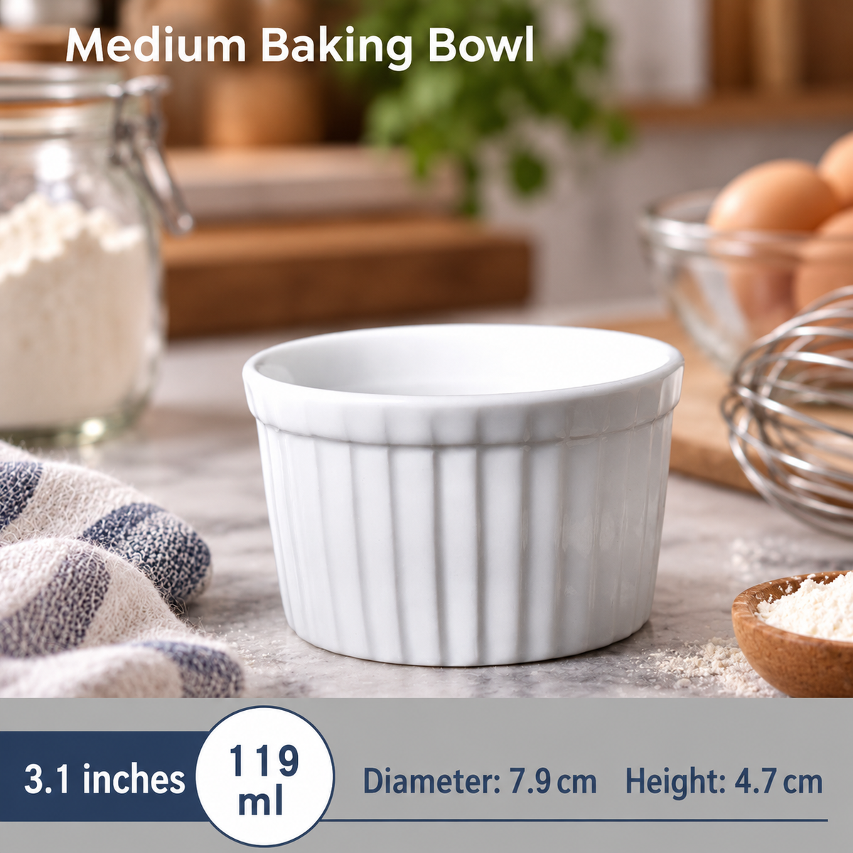 White Ceramic Ramekin Baking Dish Round Fluted Souffle Bowl