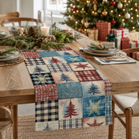 Christmas Patchwork Linen Table Runner – Rustic Holiday Dining Table Decor with Christmas Tree & Snowflake Pattern, Farmhouse Winter Home Decoration
