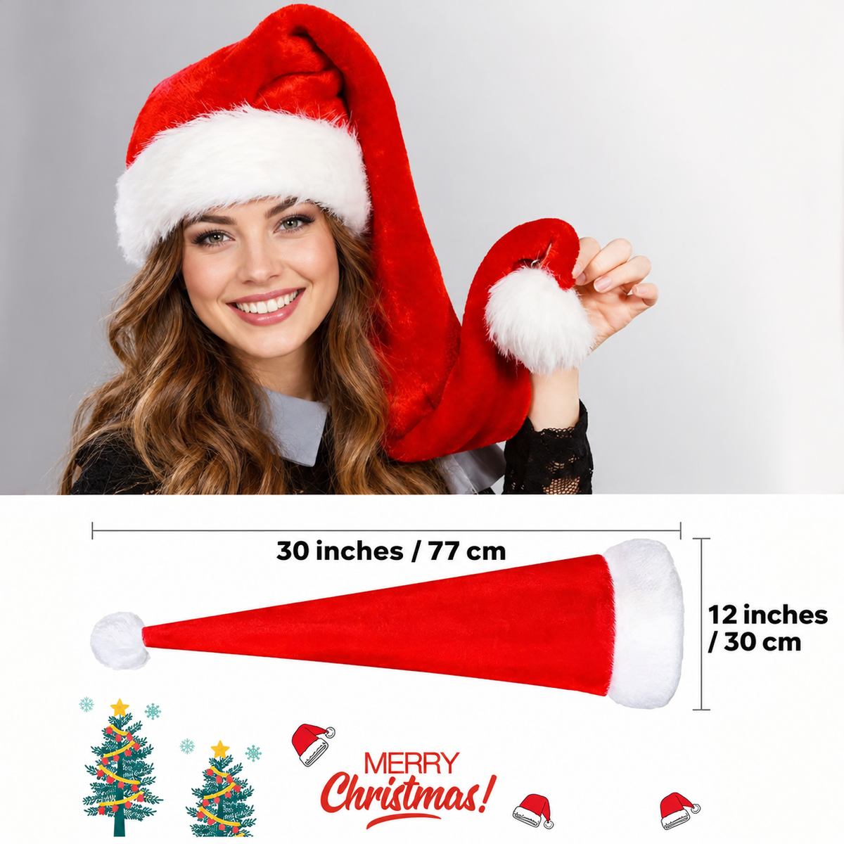 Extra Long Red Plush Santa Hat with White Trim and Pom Pom