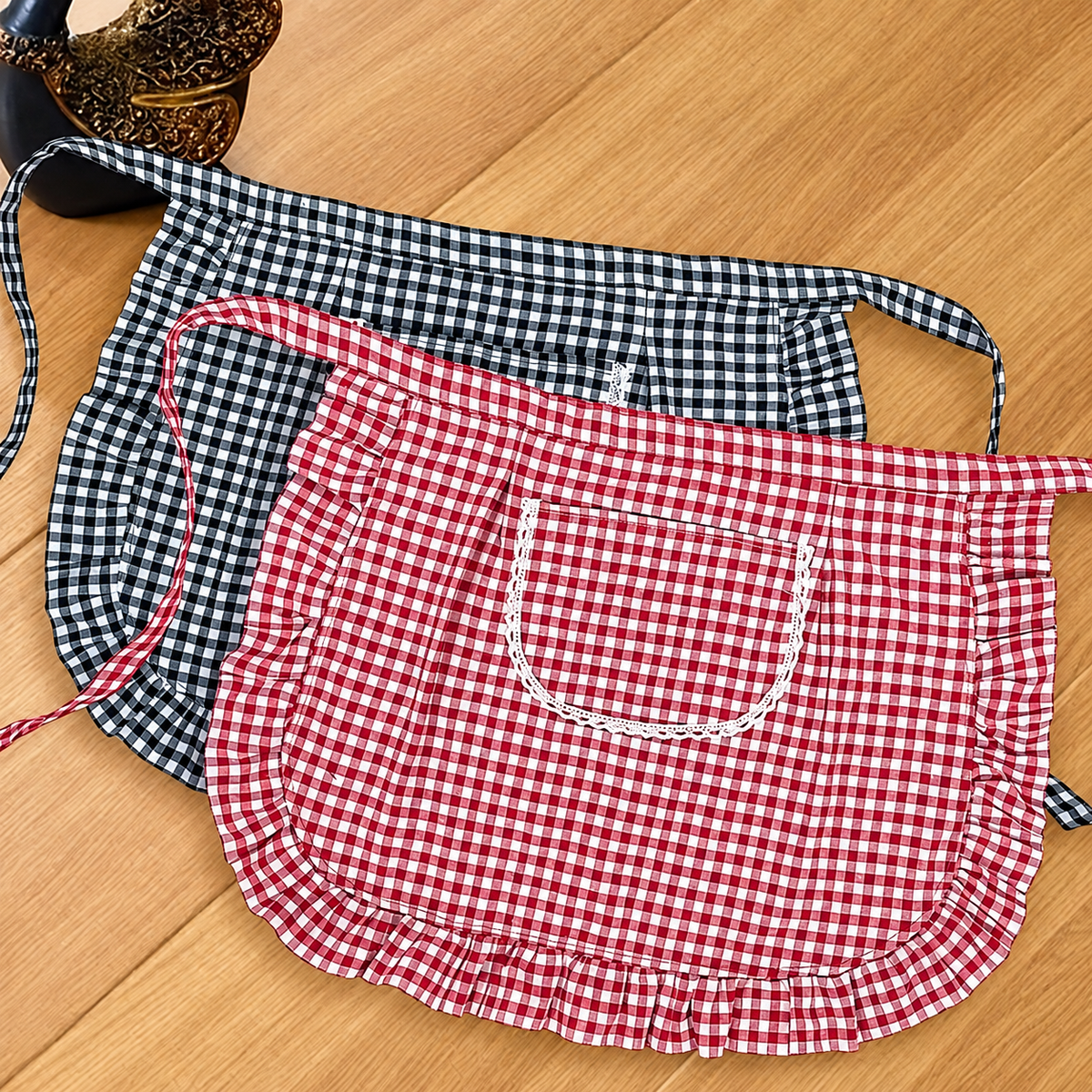Cotton Linen Half Apron with Pocket, Vintage Gingham Kitchen Waist Apron