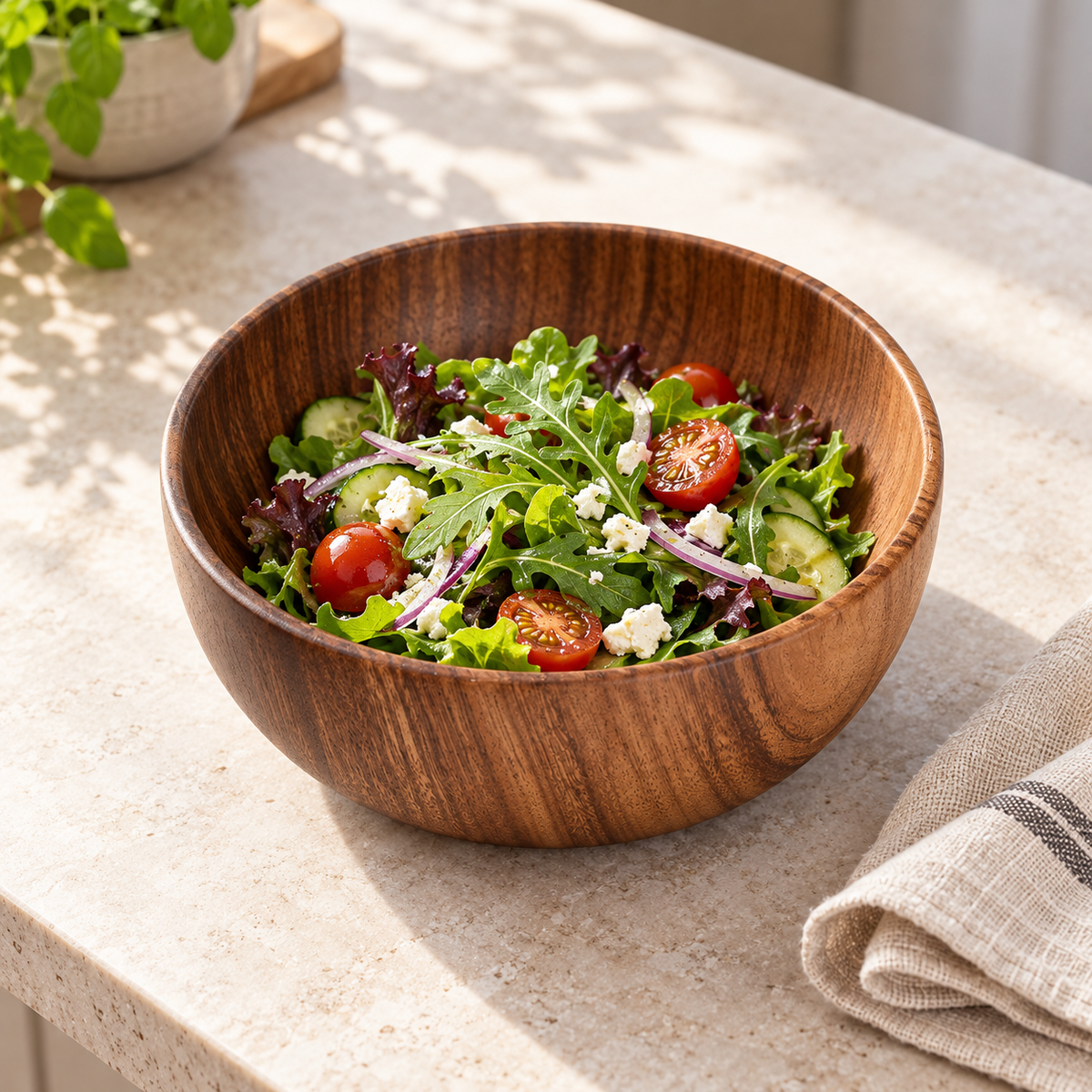 Natural Walnut Round Serving Bowl for Salads and Fruit 20 cm