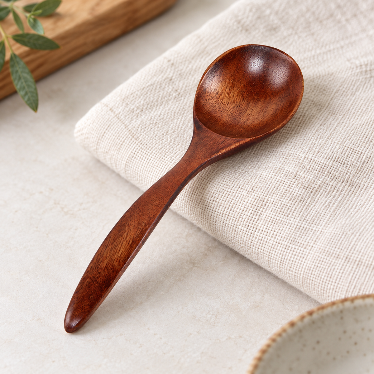 Short Wooden Soup Spoon, Coffee Brown Natural Wood Serving Spoon, Kitchen Tableware