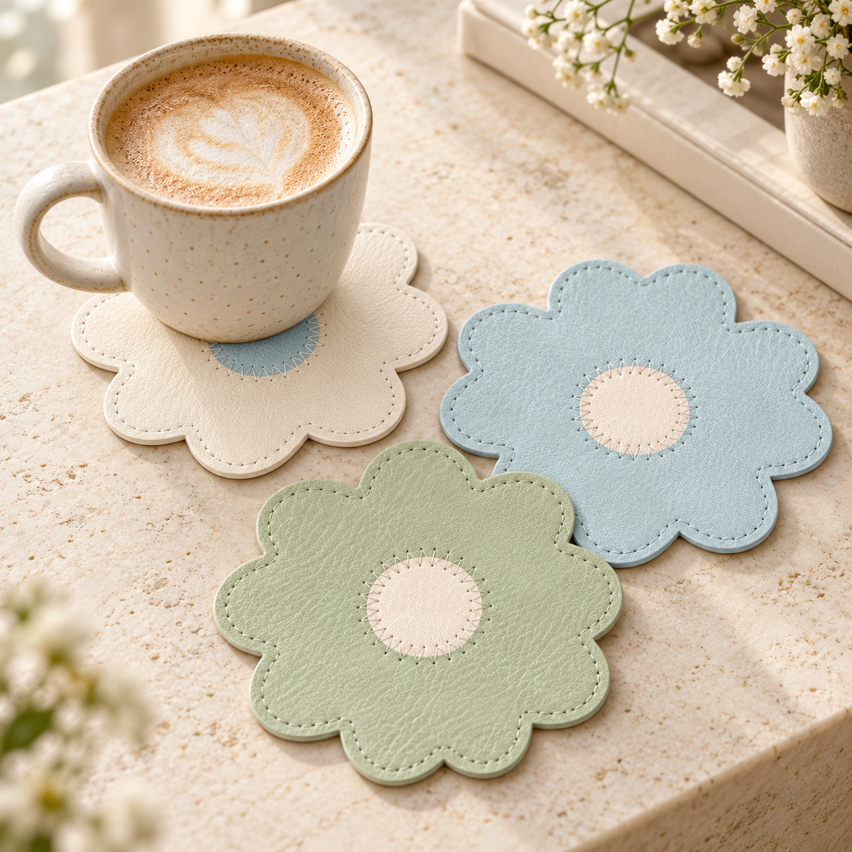 Flower Leather Coaster – Pastel Floral Cup Mat with Textured Surface