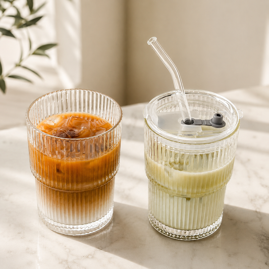 Striped Glass Coffee Cup with Lid & Straw – Iced Latte Tumbler