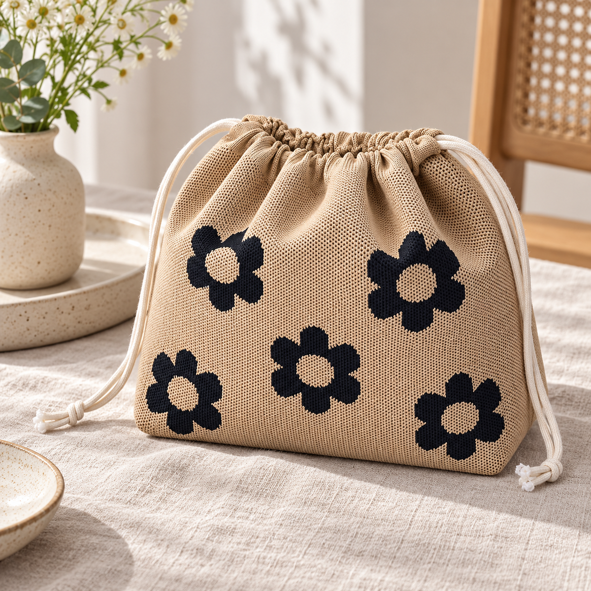 Floral Drawstring Makeup Bag and Travel Storage Pouch
