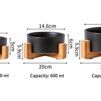 Black Ceramic Cat Food and Water Bowl with Wooden Stand Elevated Pet Feeding Dish