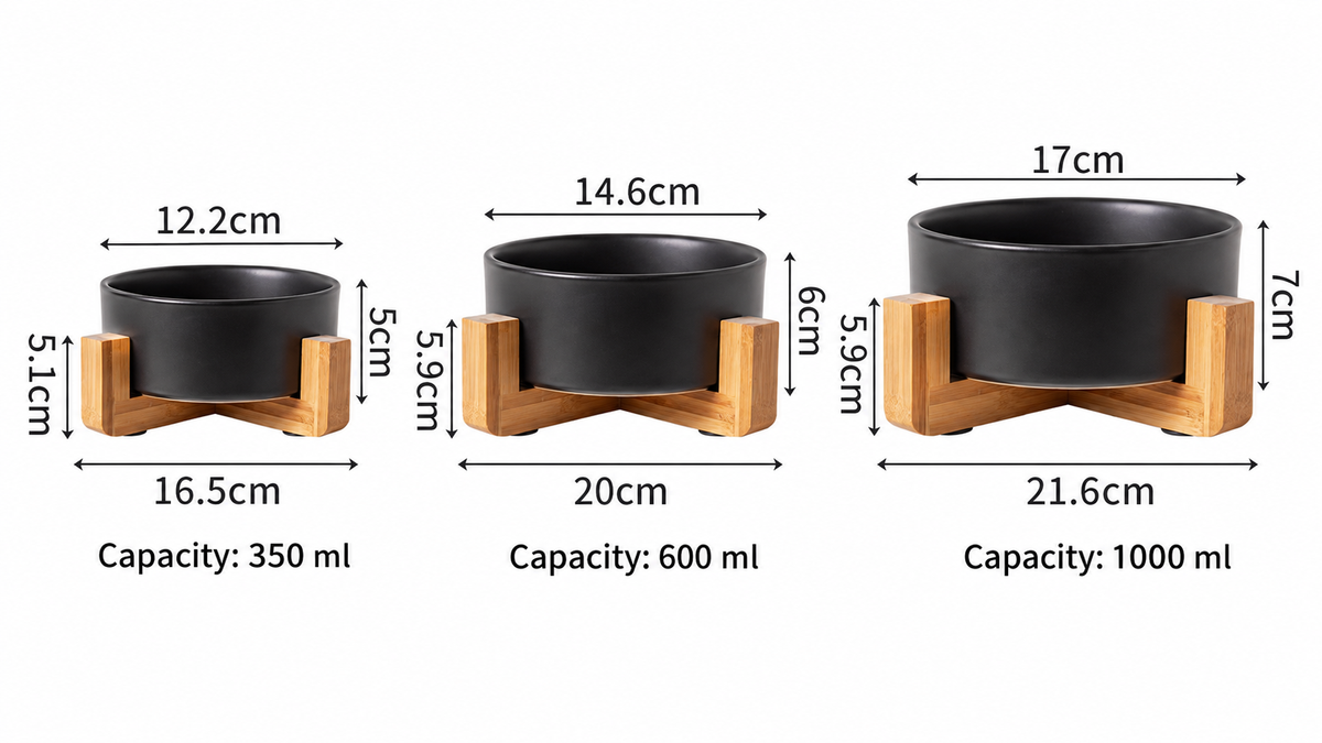 Black Ceramic Cat Food and Water Bowl with Wooden Stand Elevated Pet Feeding Dish