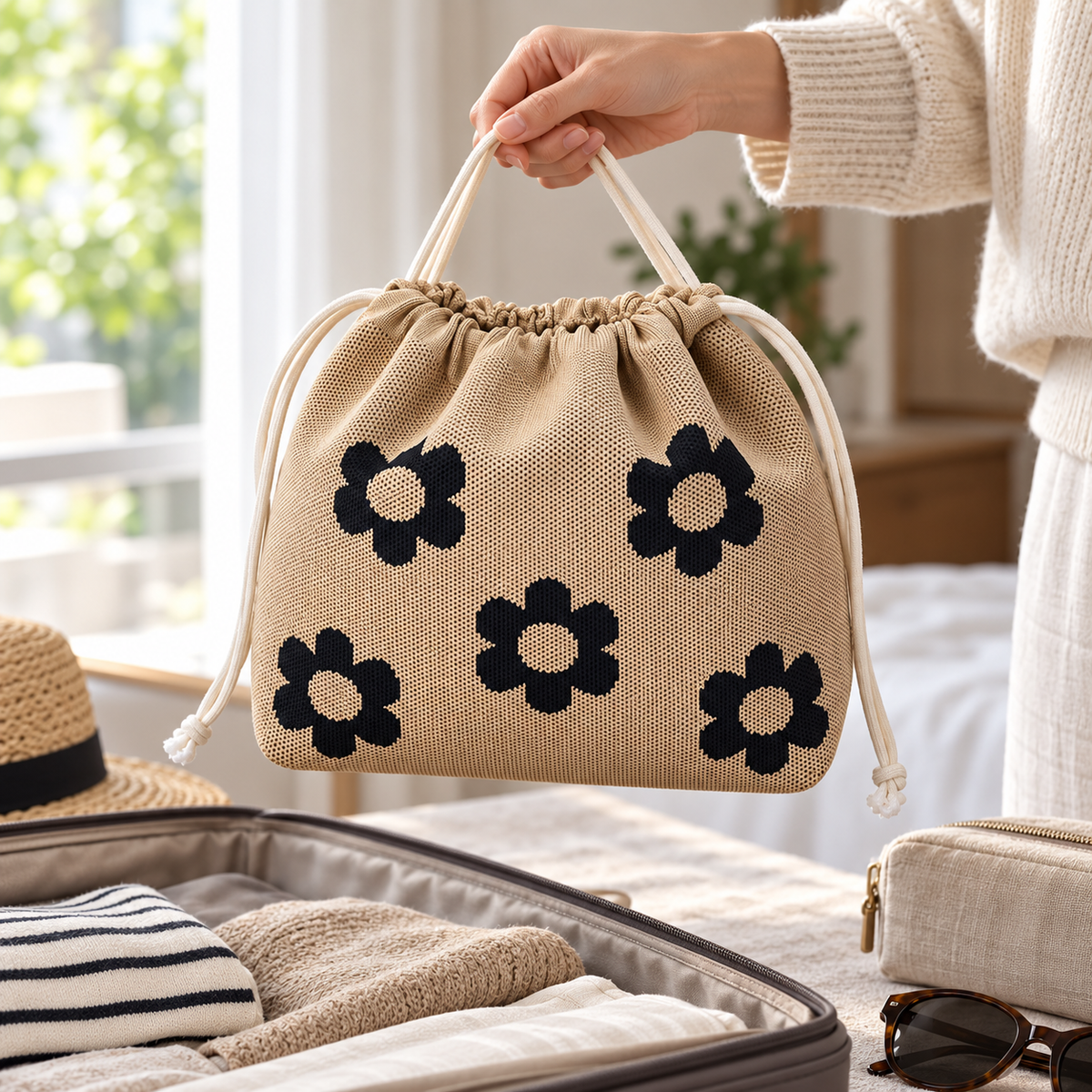 Floral Drawstring Makeup Bag and Travel Storage Pouch