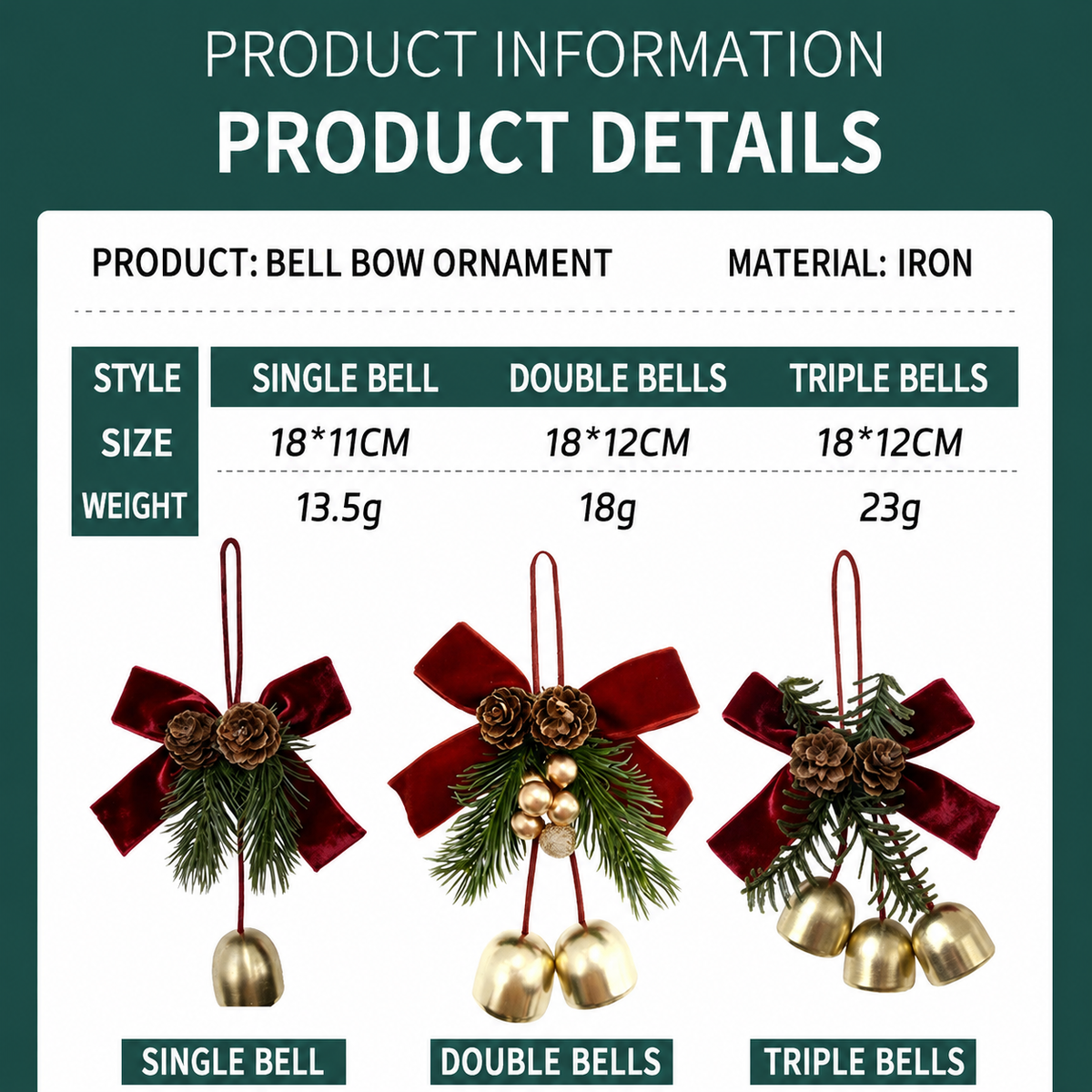 Christmas Bell Ornaments – Red Velvet Bow with Pinecones & Hanging Bells Christmas Tree Decorations