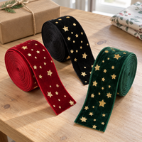 Gold Star Christmas Fabric Ribbon,  4 cm Wide for Gift Wrapping and Holiday Crafts