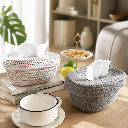 Woven Cotton Rope Tissue Box, Nordic Desktop Storage Basket