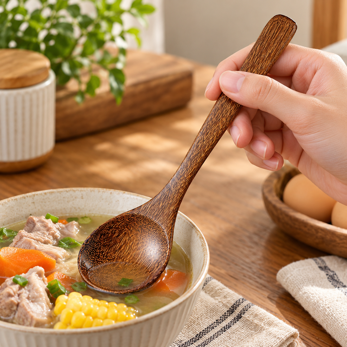 Round Bowl Wooden Soup Spoon for Porridge and Desserts