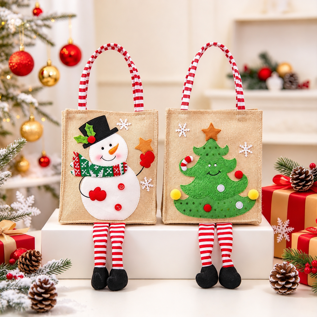 Christmas Burlap Gift Bag with Santa Snowman and Tree Designs