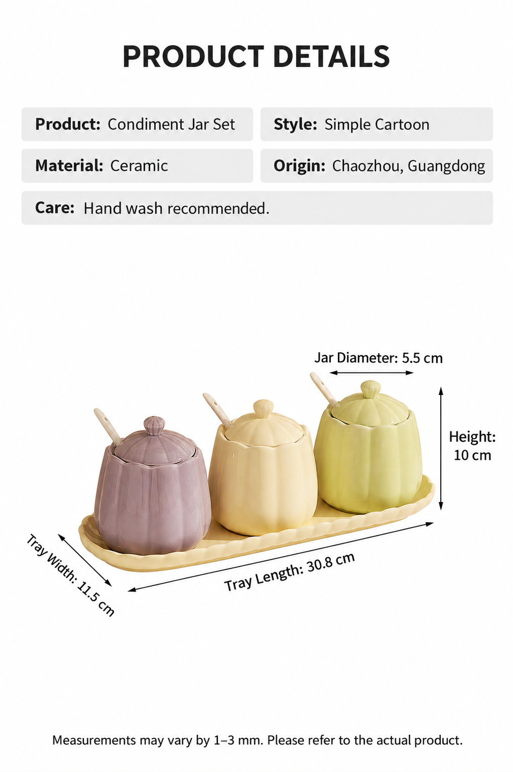 3-Piece Ceramic Condiment Jar Set with Tray and Spoons – Pastel Kitchen Seasoning Containers