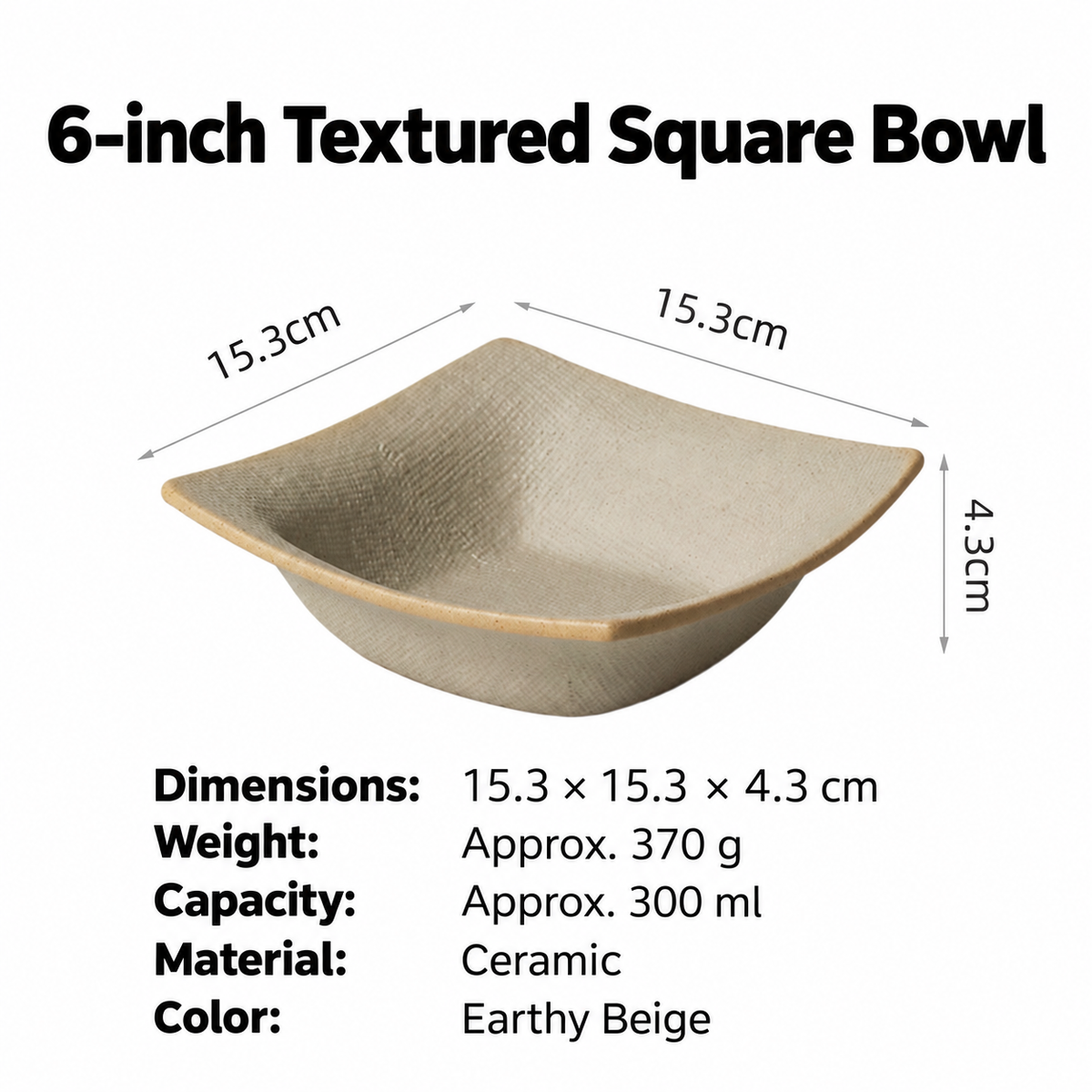 Textured Square Ceramic Bowl, Earthy Beige, 4.5, 6 or 8 Inch