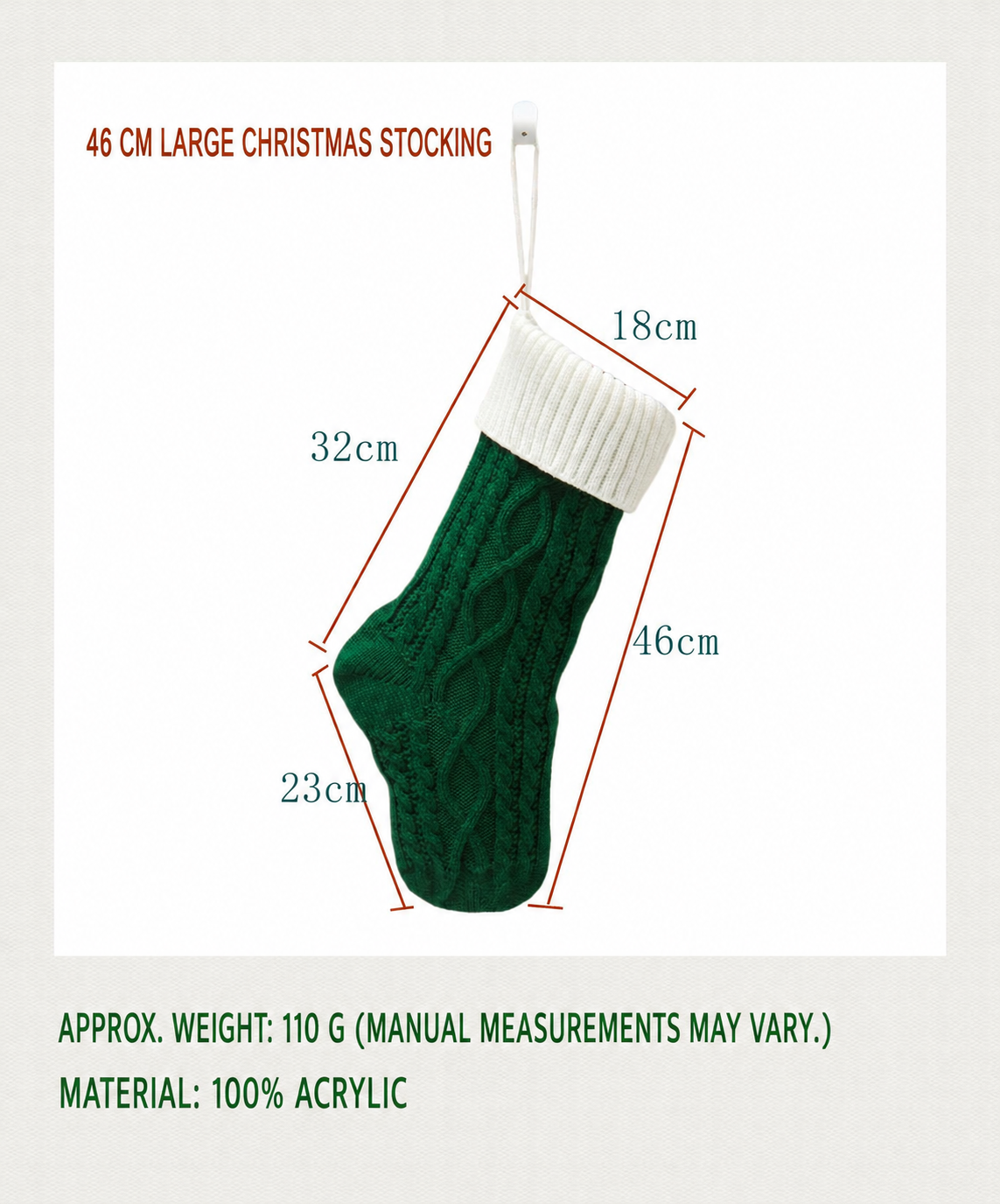 Large Cable Knit Christmas Stocking – 46cm Acrylic Holiday Stocking, Hanging Fireplace Stocking, Christmas Gift Holder in Green, White & Red
