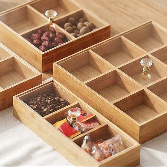 Bamboo Snack Box with Lid Compartment Storage Tray