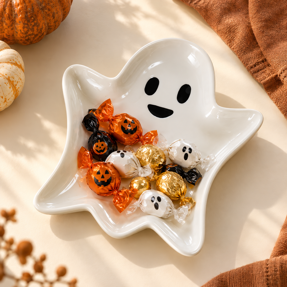 Ghost Shaped Ceramic Tray, Halloween Candy Dish, White Ceramic Trinket Plate, Spooky Season Table Decor